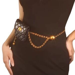 Anthropologie Black Quilted Chain Belt Bag | NWOT